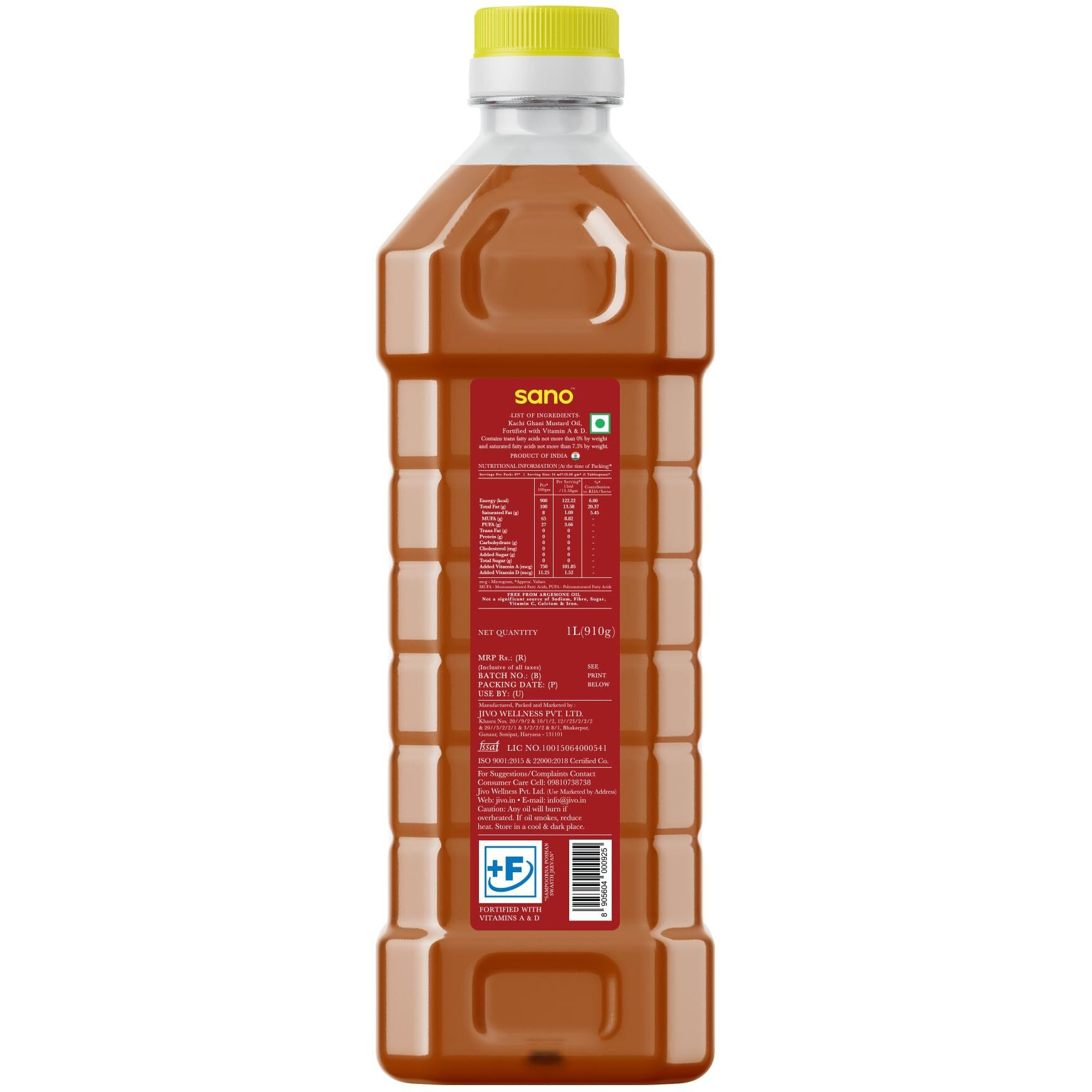 Sano Pure & Fresh Kachi Ghani Mustard Oil - 1 Litre Pet Bottle | High Pungency | Rich in Omega-3 | 100% Natural | Authentic Indian Cooking Oil
