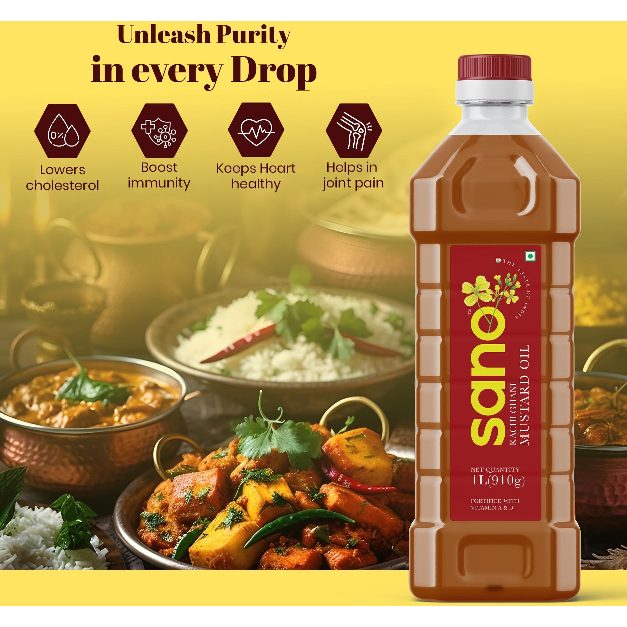 Sano Pure & Fresh Kachi Ghani Mustard Oil - 1 Litre Pet Bottle | High Pungency | Rich in Omega-3 | 100% Natural | Authentic Indian Cooking Oil