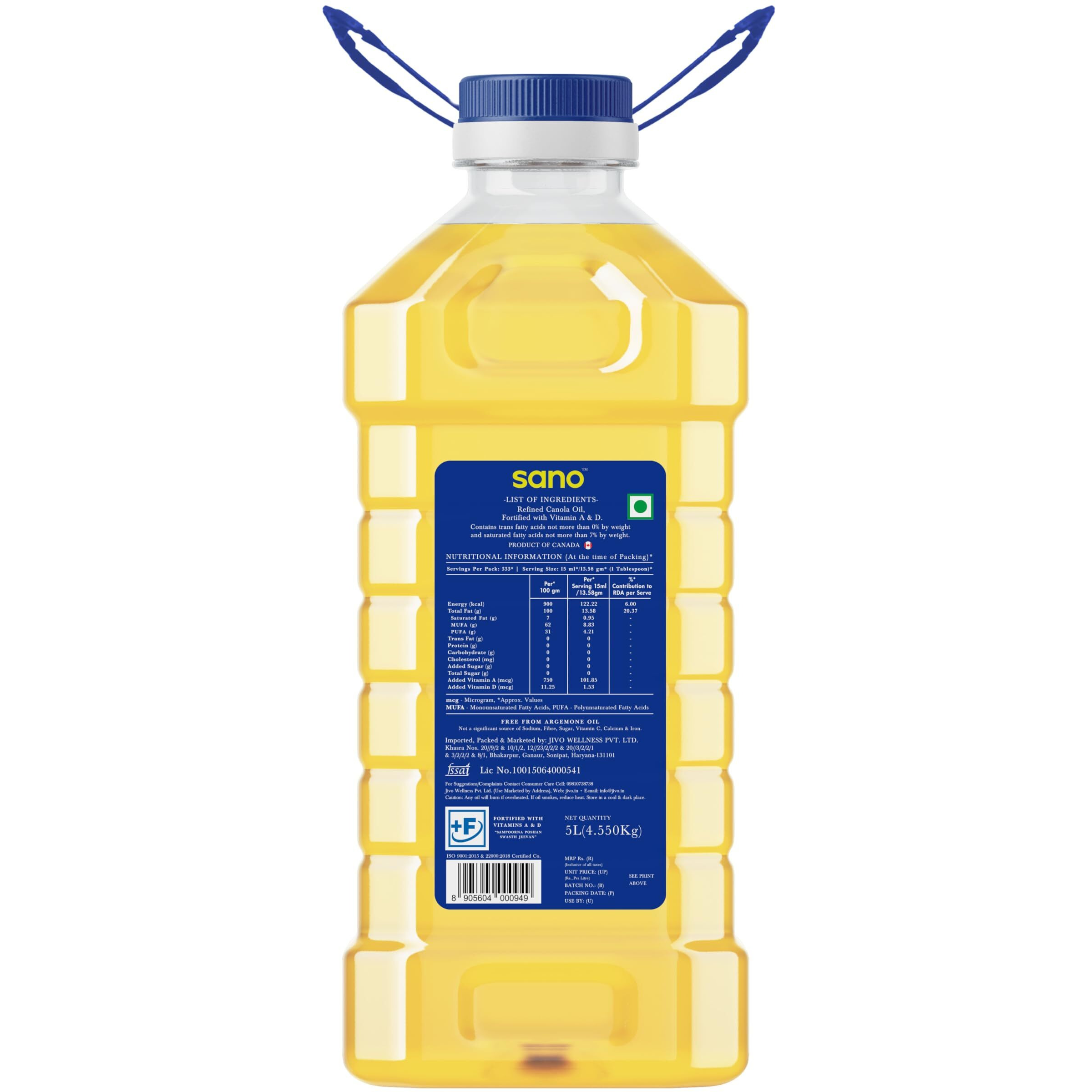 Sano Canola Oil Cooking Oil for Daily Use | Recommended for All Types of Cuisines | Lowest in Saturated Fat - 5 Litres (Pack of 1)