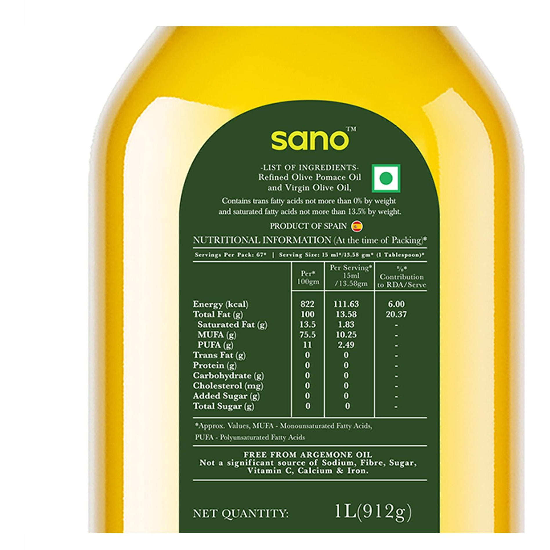 SANO Pomace Olive Oil for Cooking 1L Pet Bottle - Ideal for Frying, Roasting & Sauting - Rich Flavour & High Smoke Point - Versatile Cooking Oil for Indian Cuisine (1L)