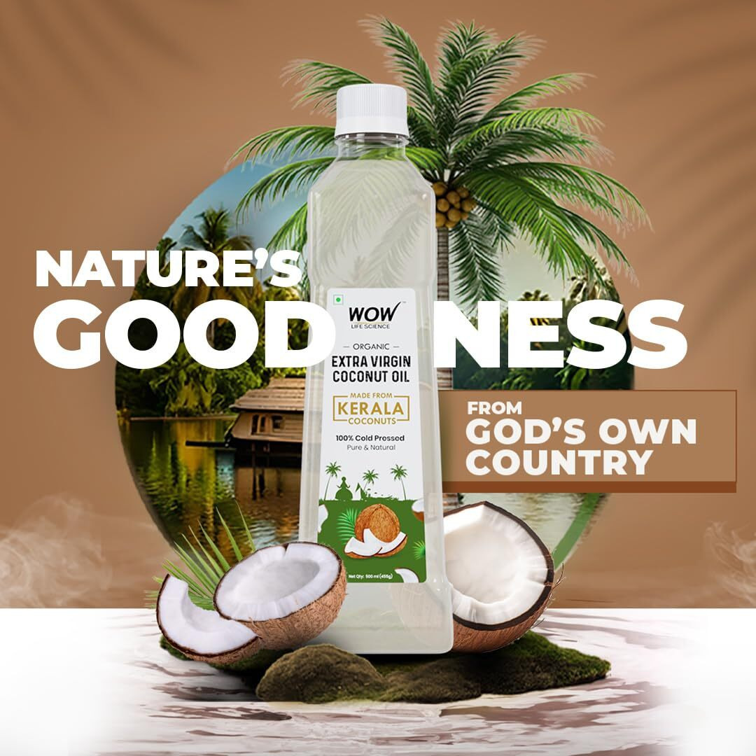 WOW Life Science 100% Cold Pressed & Unrefined Extra Virgin Coconut Oil | Certified Organic & Naturally Cholesterol Free | Nourishing & Hydrating| For Cooking, Hair Health & Skin Care - 500ml