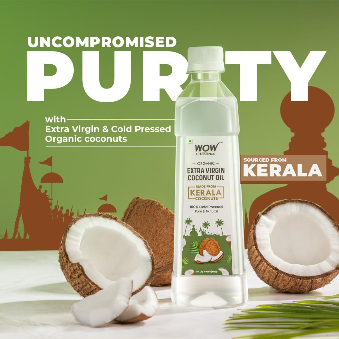 WOW Life Science 100% Cold Pressed & Unrefined Extra Virgin Coconut Oil | Certified Organic & Naturally Cholesterol Free | Nourishing & Hydrating| For Cooking, Hair Health & Skin Care - 500ml