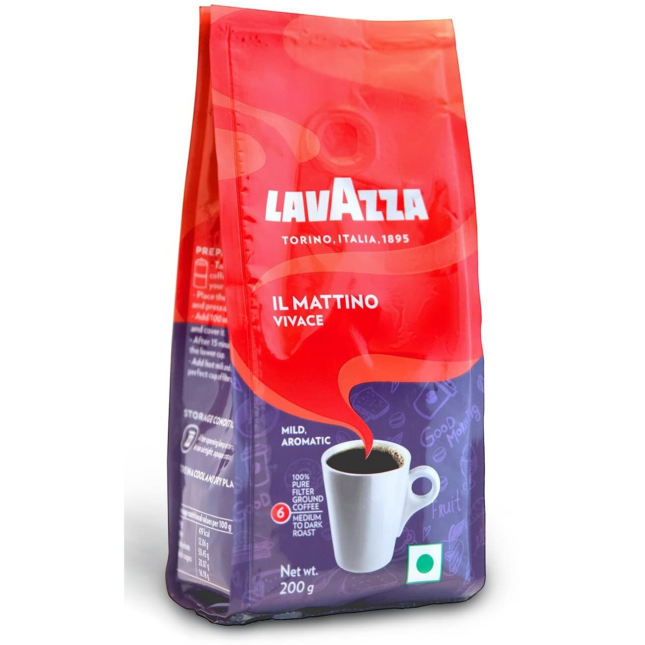 Lavazza Il Mattino Vivace-Pack Of 2 Pouch, 2 X 200 G, Powder, Notes Of Caramel, Bag,400 Grams