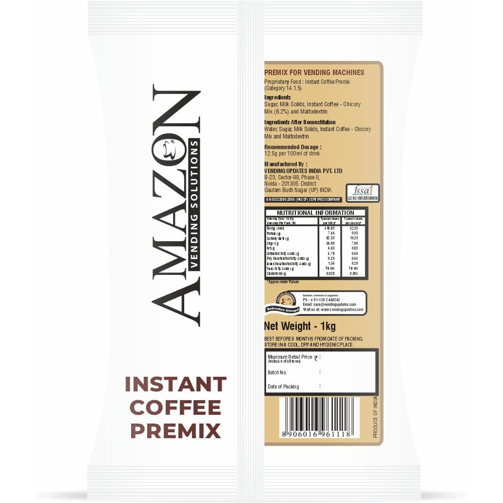 ATLANTIS 3 In 1 Regular Coffee Premix Powder Coffee Milk And Sugar 1 Kg Pack For Vending Machine And Manual Use, Bag