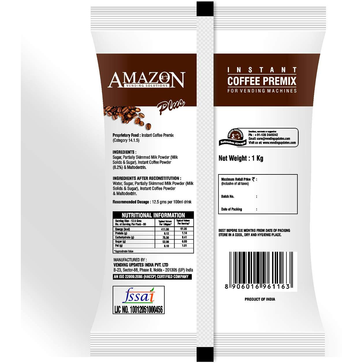 Amazon 3 in 1 Plus Instant Coffee Premix Powder 1 Kg for Vending Machine and Manual Use