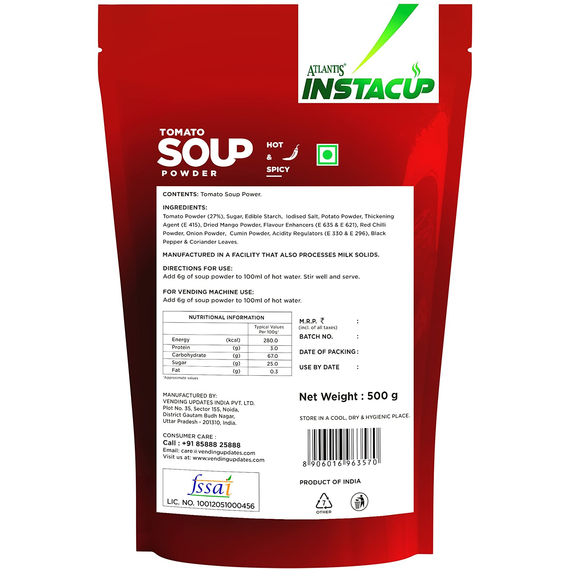 Atlantis Instacup Hot and Spicy Tomato Soup Powder Premix, 500 Gm Pack of 1