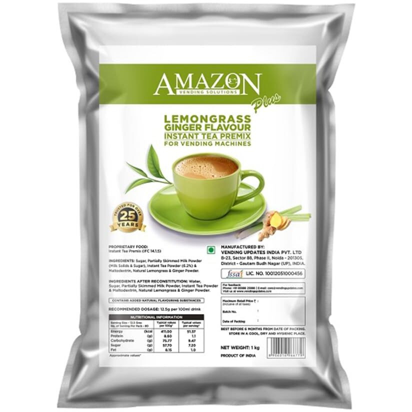 AMAZON 3 in 1 Lemongrass and Ginger Tea Instant Premix Roasted Dry Powder Tea, Milk and Sugar for Vending Machine 1 Kg Pack