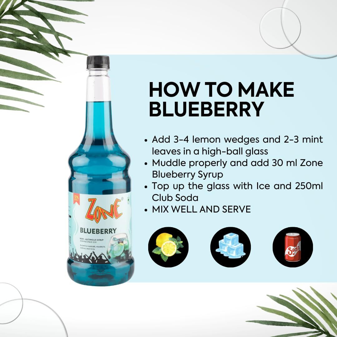 Zone Blueberry Syrup 1050ml | Fresh Blueberries Flavor for Mocktails, Cocktails, Lemonades, Iced Teas & More | 35+ Flavours