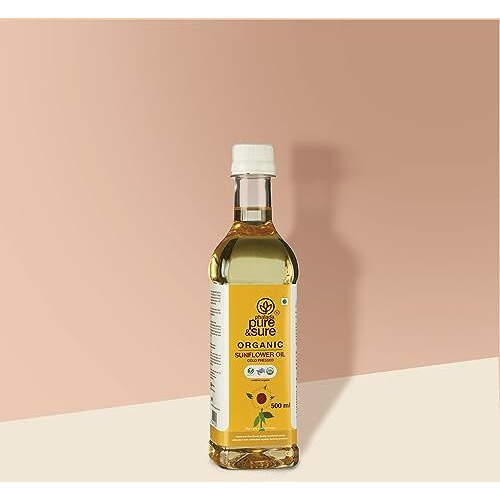 Pure & Sure Organic Cold Pressed Sunflower Oil 500ml | 100% Natural Kolhu/Kacchi Ghani/Chekku Edible for Cooking | Extracted on Wooden Churner | Nutrient Rich & Chemical Free