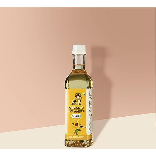 Pure & Sure Organic Cold Pressed Sunflower Oil 500ml | 100% Natural Kolhu/Kacchi Ghani/Chekku Edible for Cooking | Extracted on Wooden Churner | Nutrient Rich & Chemical Free