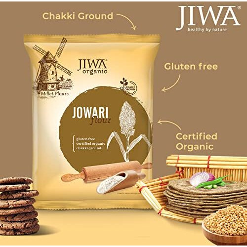 JIWA healthy by nature Organic Jowar Flour / Atta| Soft Fluffy Rotis | Chakki Ground Jowari Atta | Millet Flour | Sorghum Flour | Jonna Atta | Certified Organic & Gluten Free | 100% Natural | 1 kg