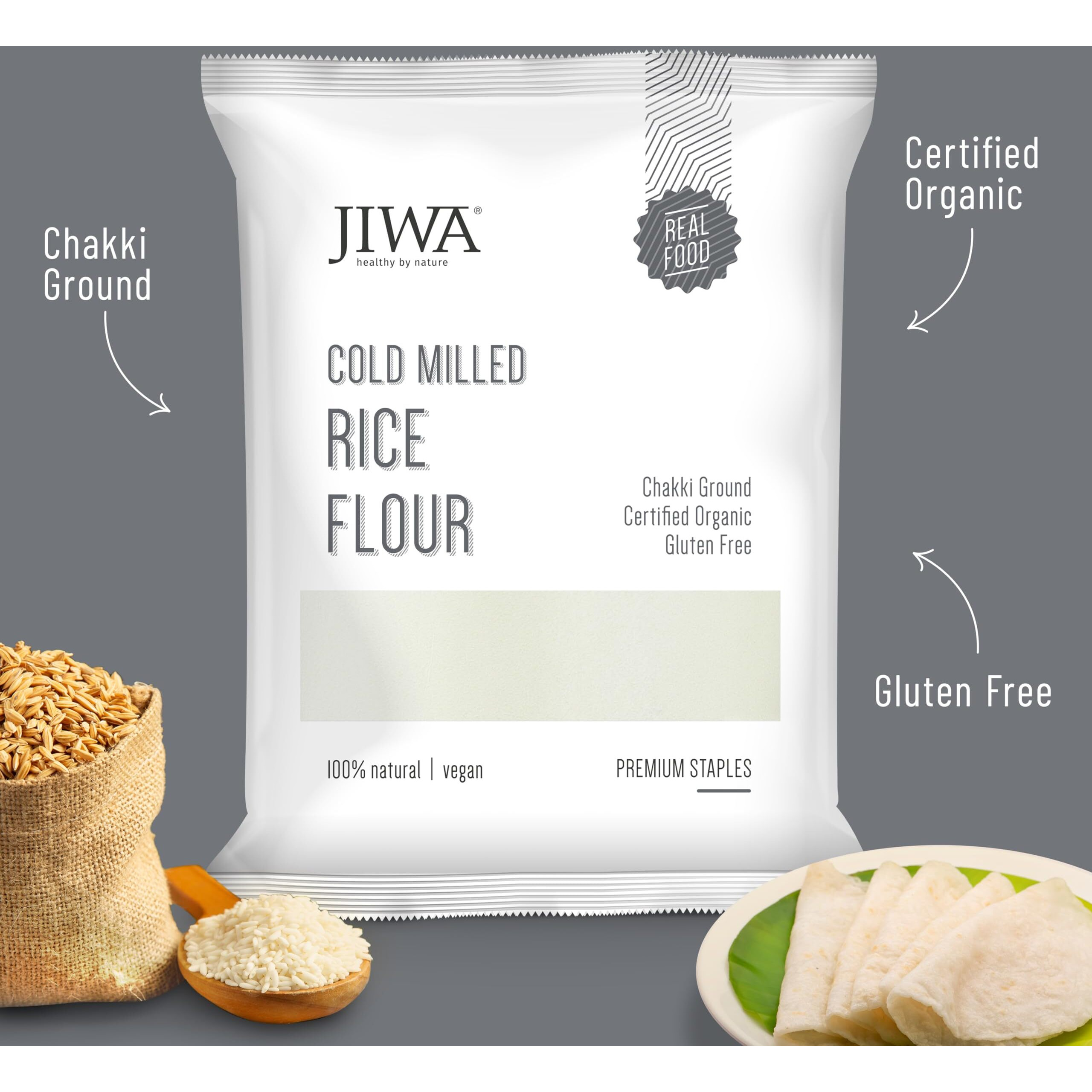 JIWA healthy by nature Cold Pressed Organic Rice Flour | Soft Fluffy Rotis | 100% Natural, Chakki Ground & Gluten Free | Chawal Ka Atta | Make Tasty Idlis And Dumplings | 1 Kg
