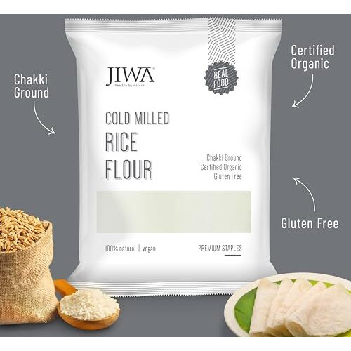 JIWA healthy by nature Cold Pressed Organic Rice Flour | Soft Fluffy Rotis | 100% Natural, Chakki Ground & Gluten Free | Chawal Ka Atta | Make Tasty Idlis And Dumplings | 1 Kg