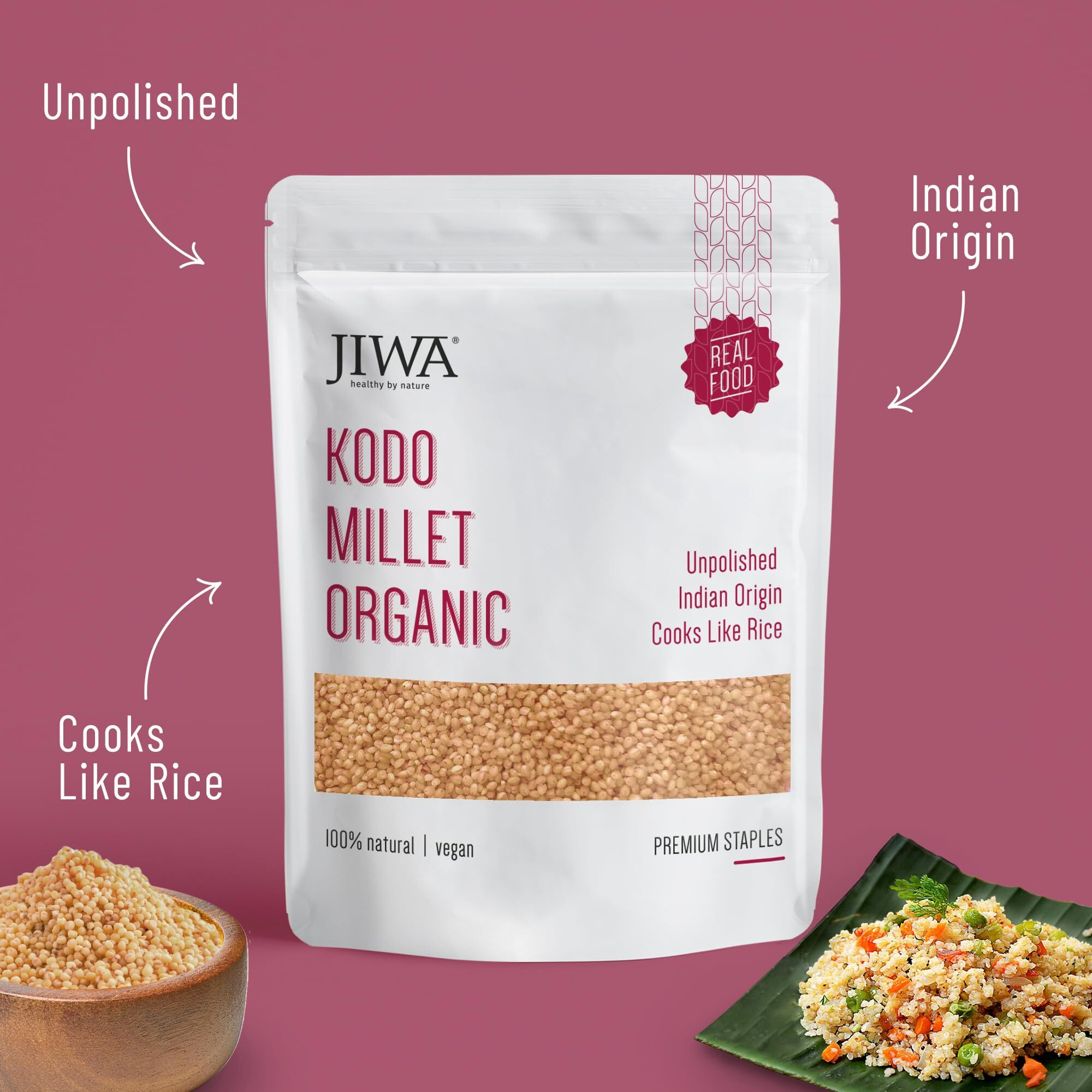 JIWA healthy by nature Organic Kodo Millet | 100% Natural & Gluten Free | Cooks In 15Mins | Kodri Seeds | Unpolished High Fiber Minor Millets | Wholegrain | Low Gi | 1 Kg