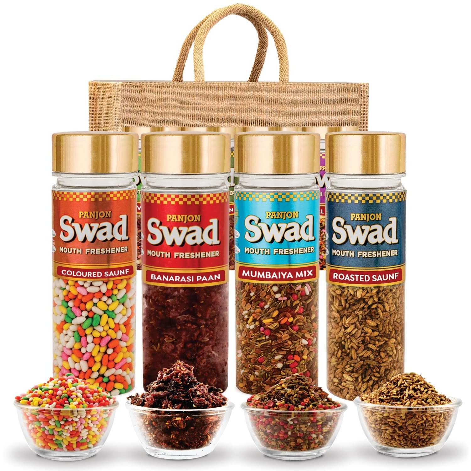 Panjon Swad After Meal Mouth Fresheners (Coloured Saunf, Mumbaiya, Banarasi Pan & Roasted Sauf Mukhwas) 100% Vegan & Gluten-free Indian Snack | Combo Gift Pack of 4, Jute Gift Set