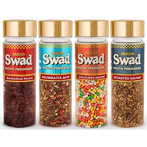 Panjon Swad After Meal Mouth Fresheners (Coloured Saunf, Mumbaiya, Banarasi Pan & Roasted Sauf Mukhwas) 100% Vegan & Gluten-free Indian Snack | Combo Gift Pack of 4, Jute Gift Set