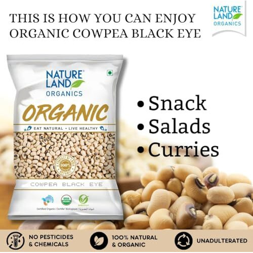 Natureland Organics Cowpea Black eye/Lobia 1 Kg - Organic Healthy Pulses