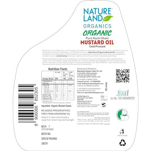 Natureland Organics Kachhi Ghani Pure Mustard Oil 5 Ltr - Cold Pressed