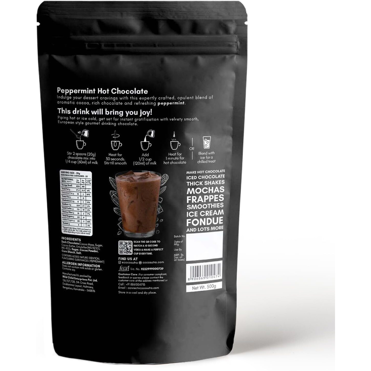COCOSUTRA Peppermint Hot Chocolate Mix | Enjoy hot or cold | 500 gm | 100% Natural & Vegan Drinking Chocolate | Serves 20 Cups