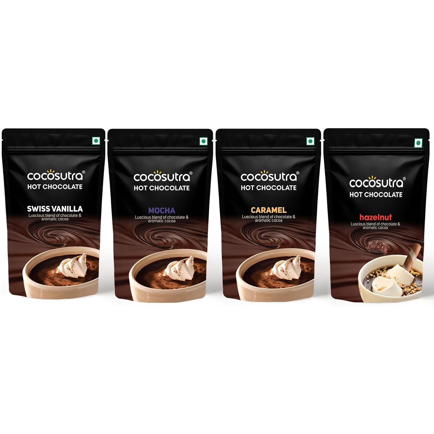 COCOSUTRA Hot Chocolate Mix Combo | Swiss Vanilla, Mocha, Caramel & Hazelnut Flavoured | Enjoy hot or cold | Pack of 4 (Each 100 g) 400 g | Vegan Drinking Chocolate