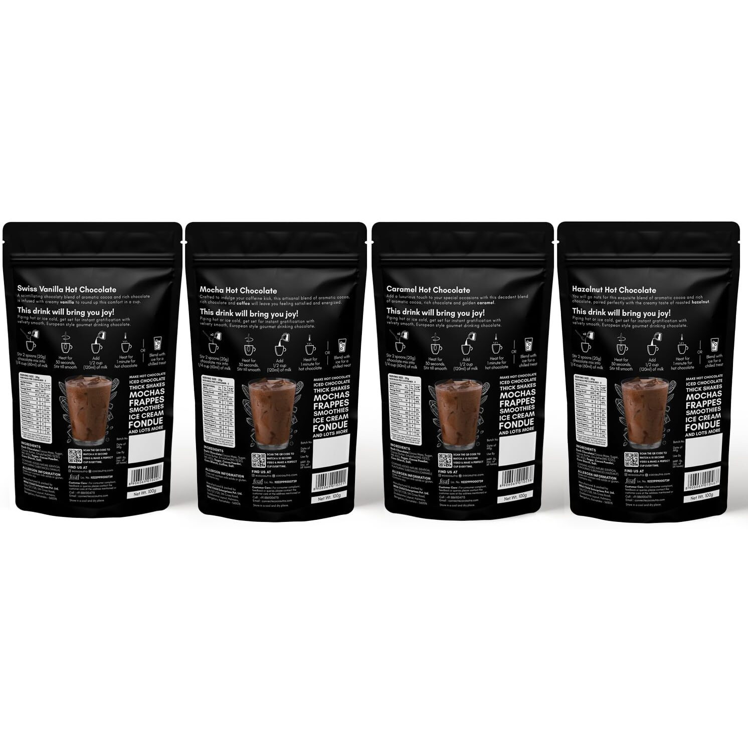 COCOSUTRA Hot Chocolate Mix Combo | Swiss Vanilla, Mocha, Caramel & Hazelnut Flavoured | Enjoy hot or cold | Pack of 4 (Each 100 g) 400 g | Vegan Drinking Chocolate