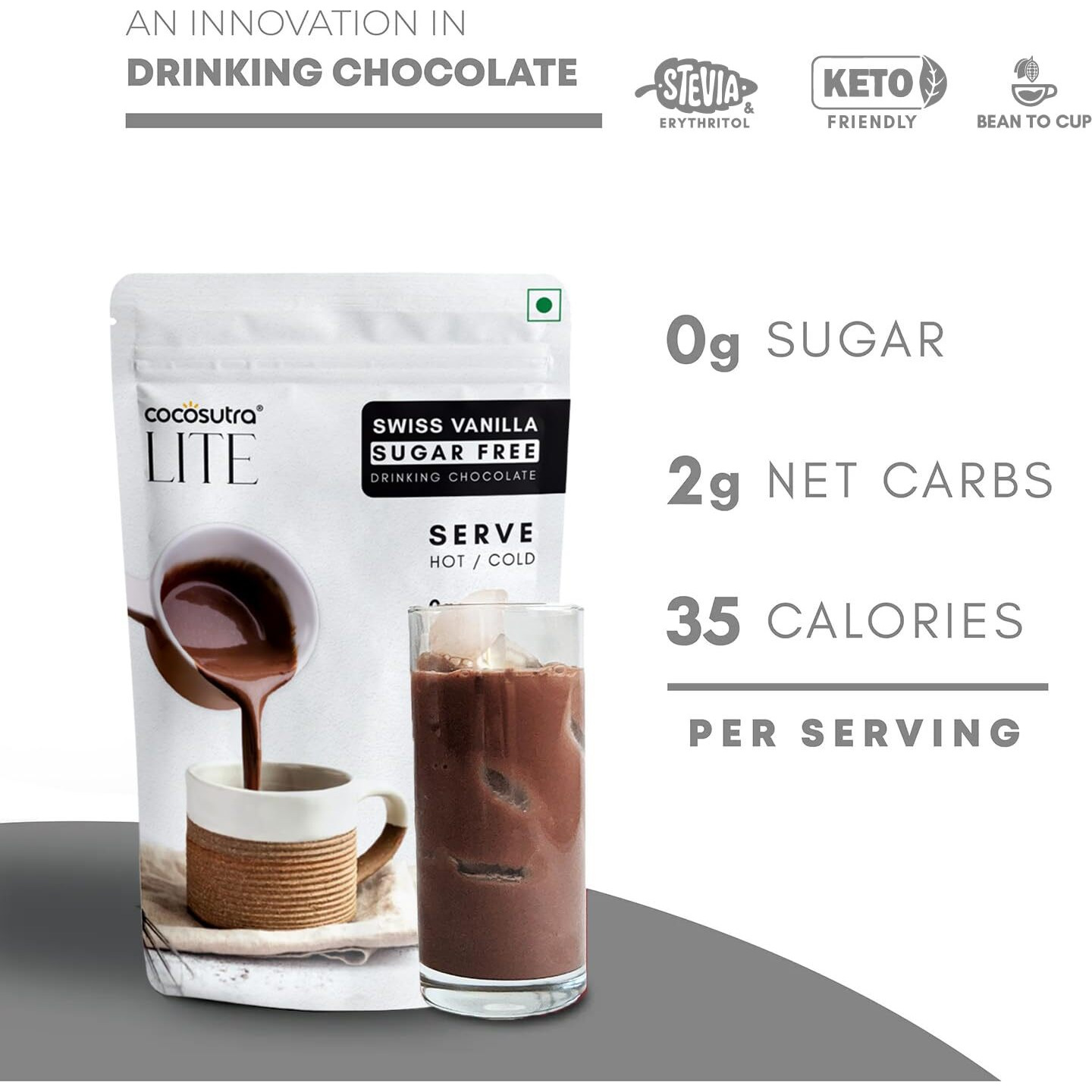 COCOSUTRA LITE - SUGAR FREE Drinking Chocolate Mix - Swiss Vanilla | Zero Sugar, Low Carb, Low Calorie | Stevia & Erythritol based | Keto Friendly Hot Chocolate | Vegan | Enjoy hot or cold | 200g