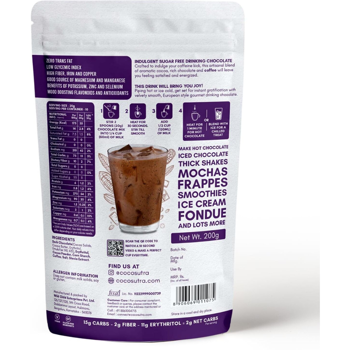 COCOSUTRA LITE - SUGAR FREE Drinking Chocolate Mix - Mocha | Zero Sugar, Low Carb, Low Calorie | Stevia & Erythritol based | Keto Friendly Hot Chocolate | Vegan | Enjoy hot or cold | 200g