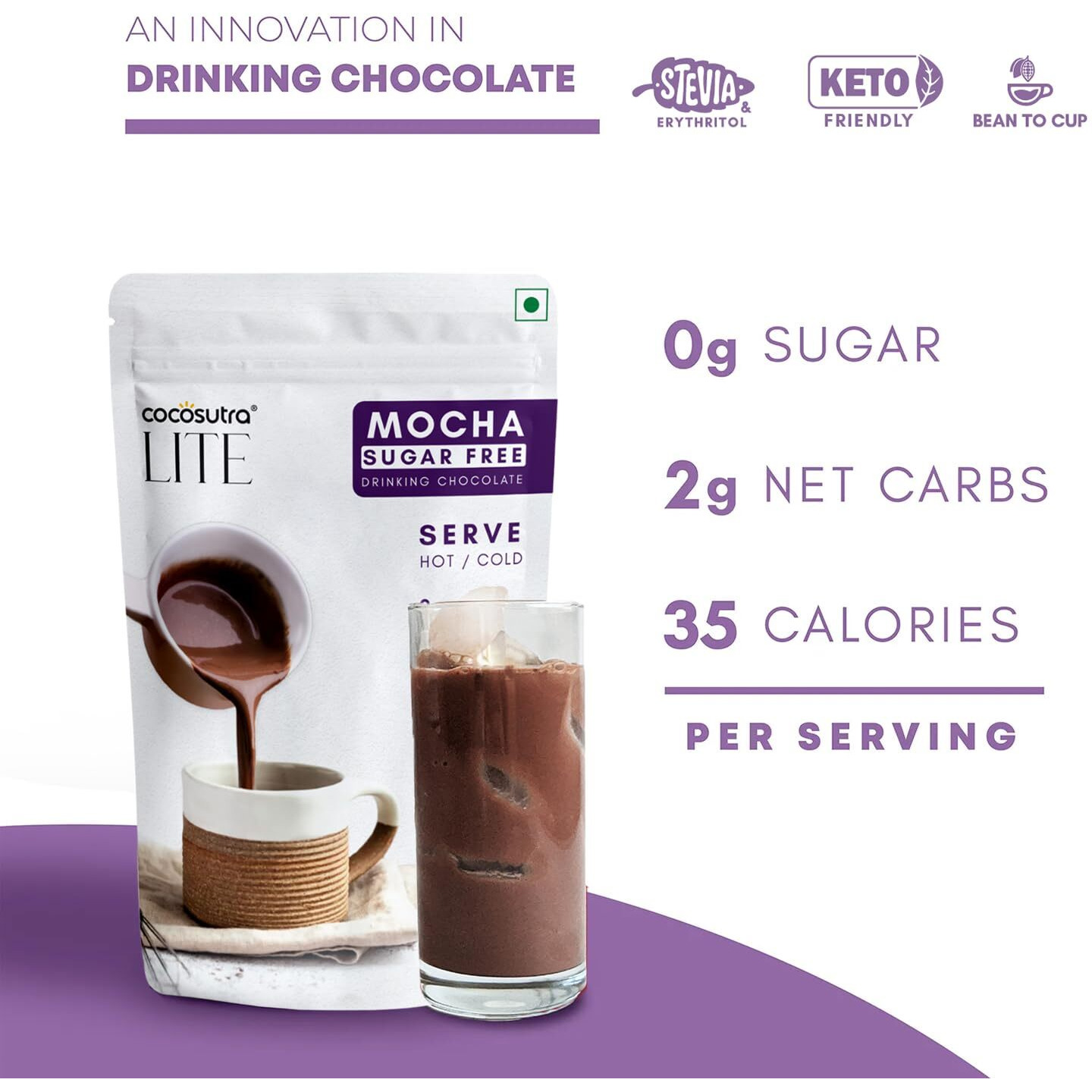 COCOSUTRA LITE - SUGAR FREE Drinking Chocolate Mix - Mocha | Zero Sugar, Low Carb, Low Calorie | Stevia & Erythritol based | Keto Friendly Hot Chocolate | Vegan | Enjoy hot or cold | 200g