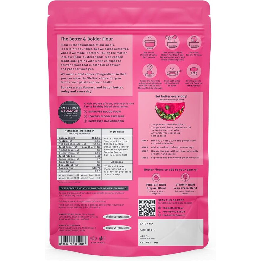 The Better Flour  Iron Rich Beetroot Atta | Robust Red Blend | Protein & Iron Rich | Gluten Free Multipurpose Flour | Easy to Cook Multipurpose Atta (1Kg)