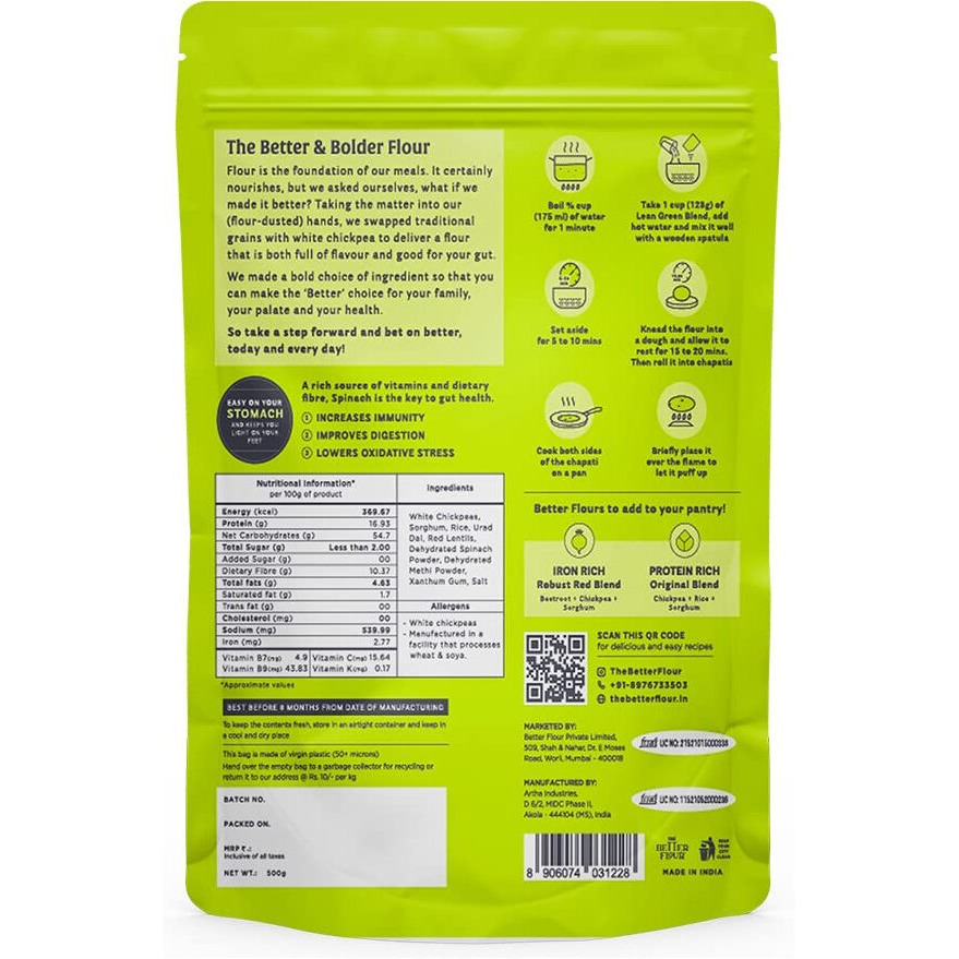 The Better Flour  Vitamin Rich Spinach Flour, Healthy Low Carb Atta | Protein & Vitamin Rich | Gluten Free Multigrain Flour | Easy to Cook Multigrain Atta (500 gm)