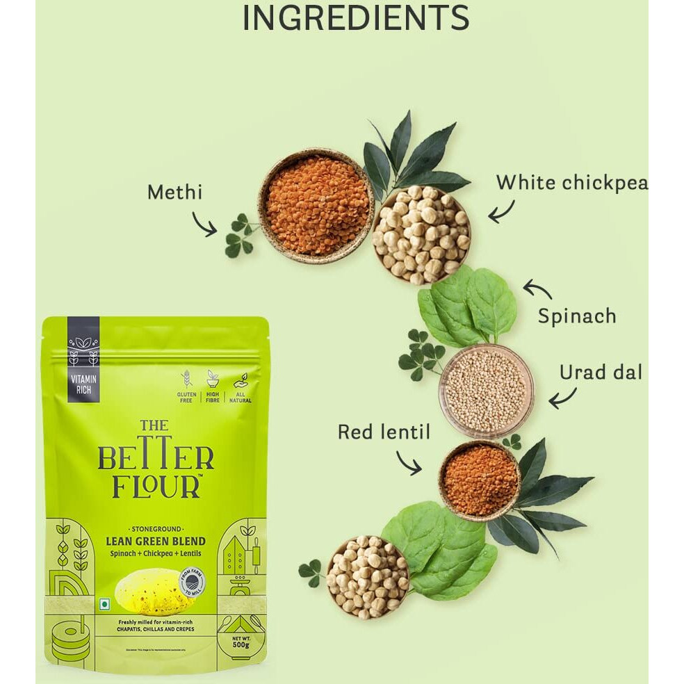 The Better Flour  Vitamin Rich Spinach Flour, Healthy Low Carb Atta | Protein & Vitamin Rich | Gluten Free Multigrain Flour | Easy to Cook Multigrain Atta (500 gm)