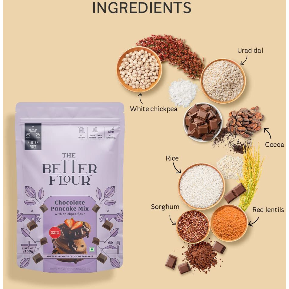 The Better Flour No Maida Chocolate Pancake Mix, Instant Breakfast & Healthy Dessert Mix made with Chickpea & Pure Cocoa, Rich in Protein, Contains 100% Plant Based Protein | Gluten Free | Healthy Breakfast for Kids & Adults