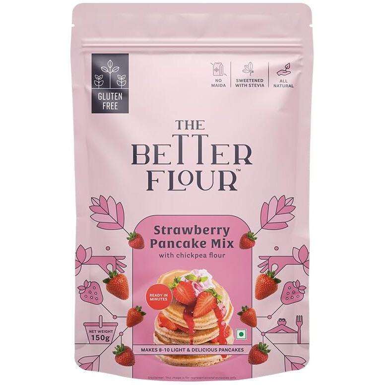 The Better Flour No Maida Strawberry Pancake Mix, Instant Breakfast & Healthy Dessert Mix made with Chickpea & Rice, Rich in Protein, Contains 100% Plant Based Protein | Gluten Free | Healthy Breakfast for Kids & Adults | 150gm