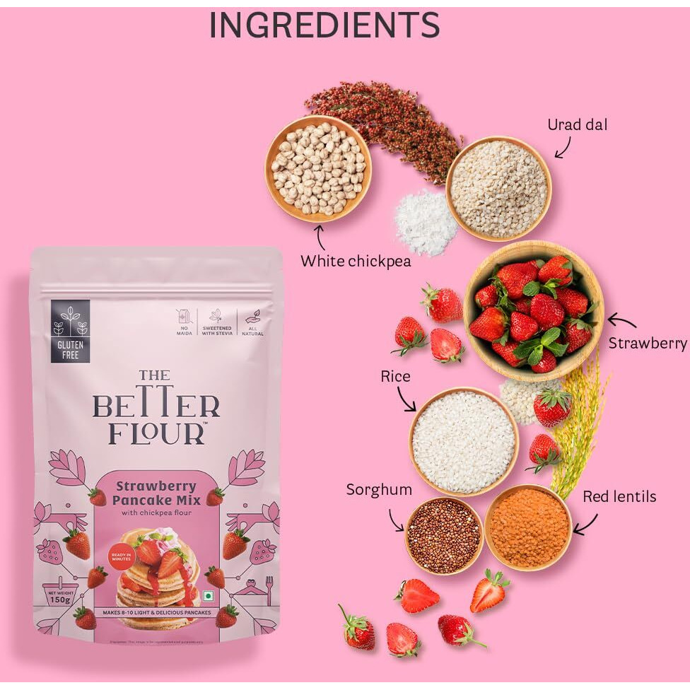 The Better Flour No Maida Strawberry Pancake Mix, Instant Breakfast & Healthy Dessert Mix made with Chickpea & Rice, Rich in Protein, Contains 100% Plant Based Protein | Gluten Free | Healthy Breakfast for Kids & Adults | 150gm