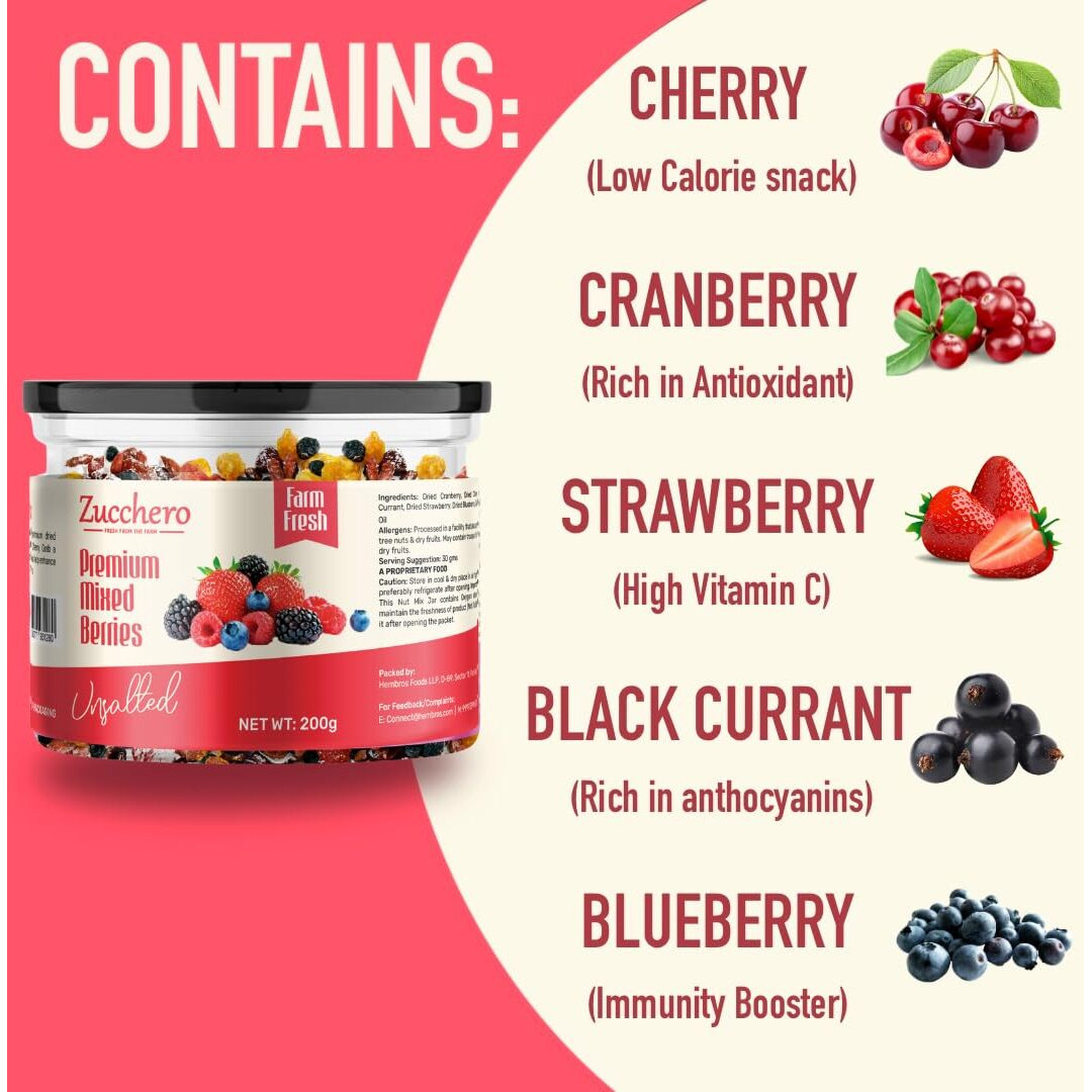 Zucchero Premium Mixed Berries, Unsalted, 200G (Blueberry, Cranberry, Black Currant, Strawberry, Cherry), Previously_frozen