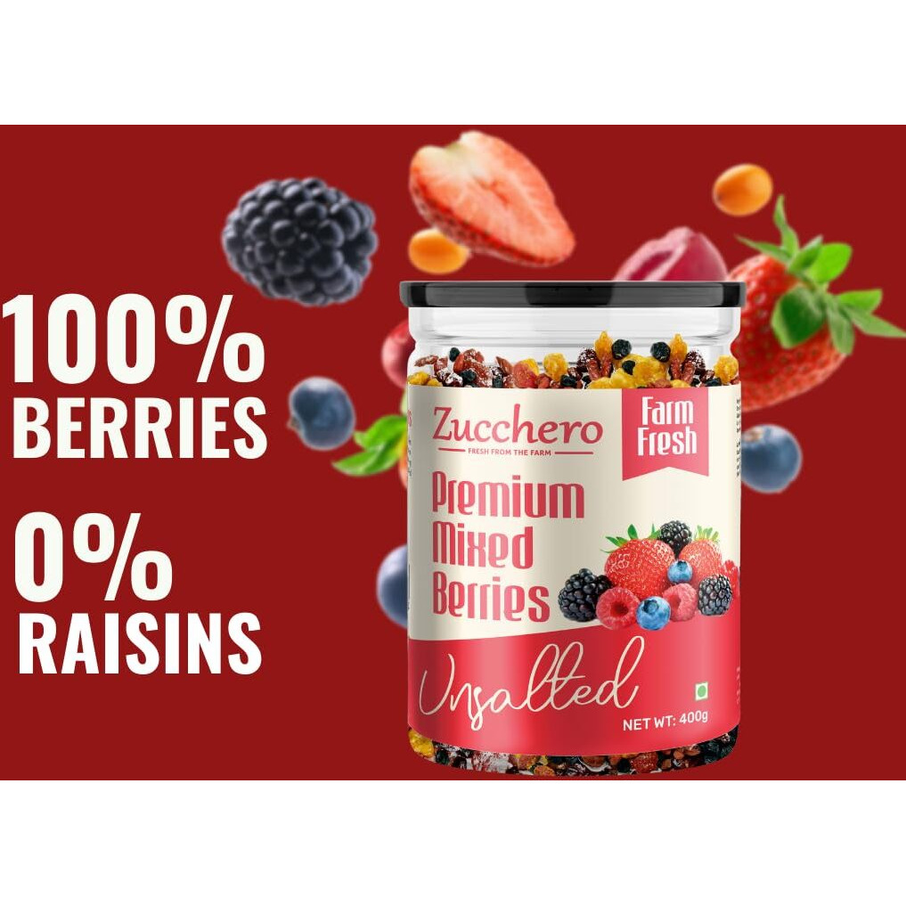 Zucchero Premium Mixed Berries, Unsalted, 400 grams (Dried Blueberry, Cranberry, Black Currant, Strawberry, Cherry)