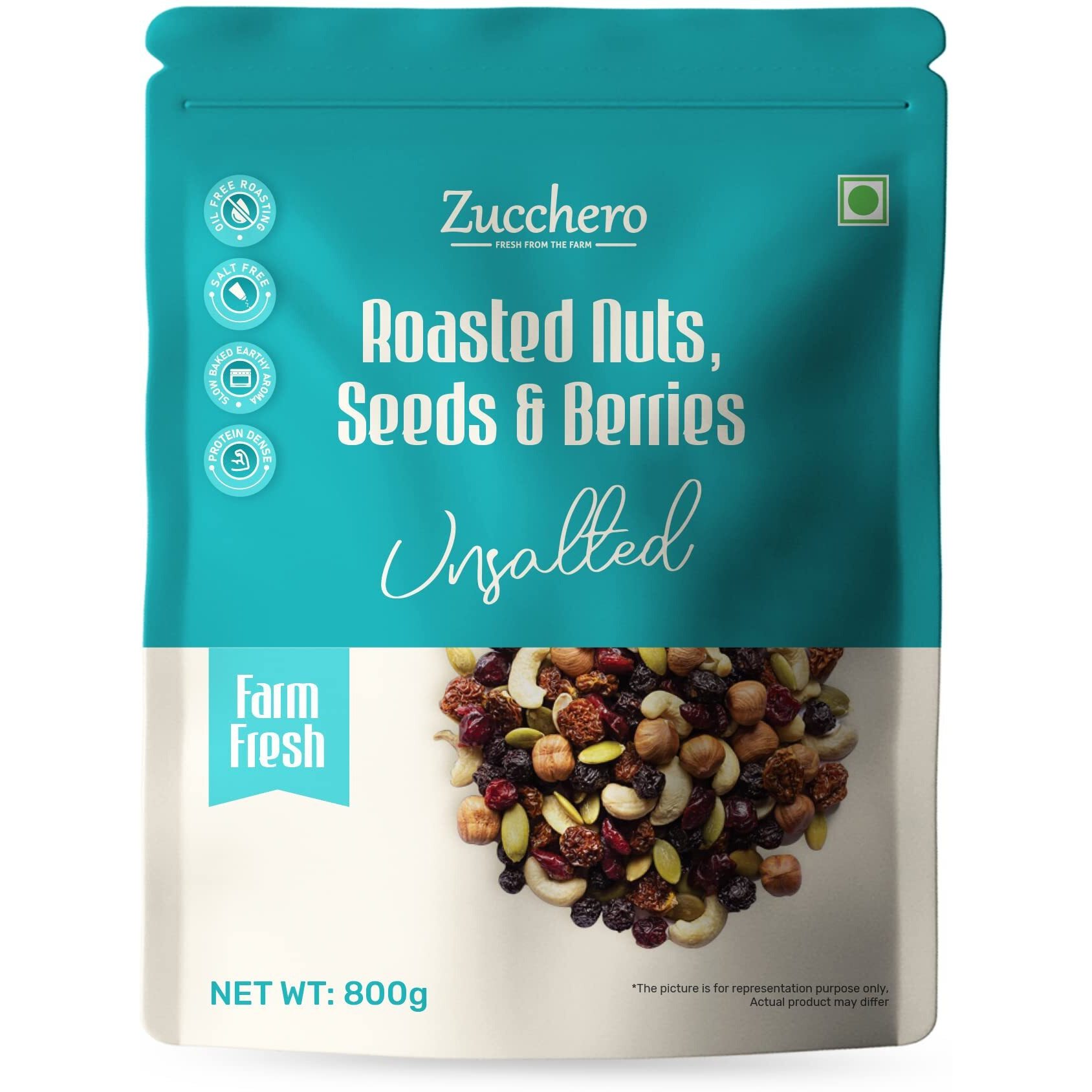 Zucchero Roasted Premium Nuts, Seeds & Berries, Unsalted, 800g (Mix of 14 Super Nuts, Seeds & Berries) | Oil-Free Roasting | No Salt | Slow baked Trail Mix | Dry Fruit