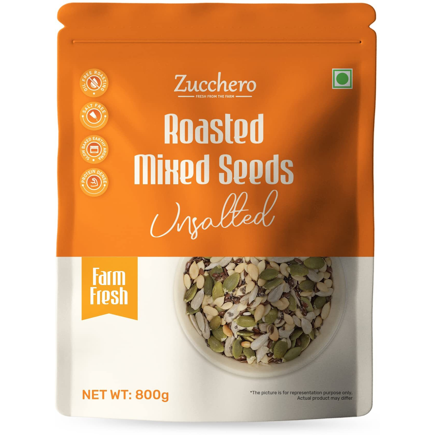 Zucchero Roasted Premium Mixed Seeds, Unsalted, 800G (6 in 1) (Sunflower, Pumpkin, Chia, Flax, Watermelon, Sesame) - Dry Roasting | Oil-Free | Salt Free