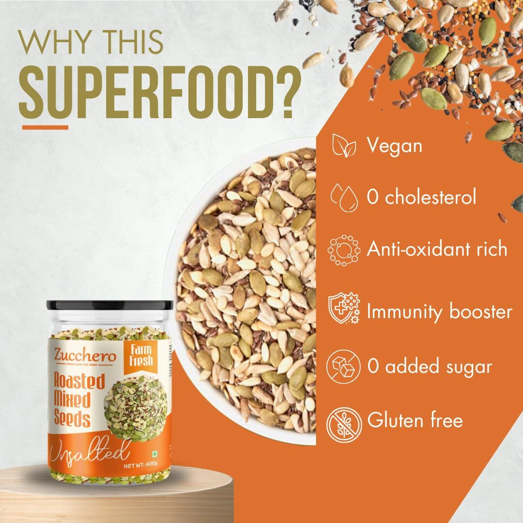 Zucchero Roasted Premium Mixed Seeds, Unsalted, 800G (6 in 1) (Sunflower, Pumpkin, Chia, Flax, Watermelon, Sesame) - Dry Roasting | Oil-Free | Salt Free