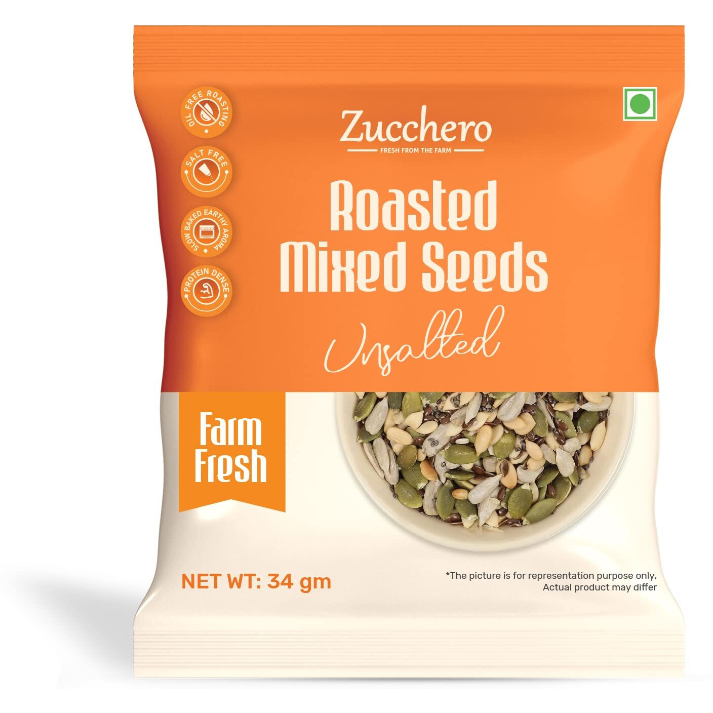 Zucchero Roasted Premium Mixed Seeds, Unsalted, 30g x12(Pocket packs) (6 in 1) (Sunflower, Pumpkin, Chia, Flax, Watermelon, Sesame) - Dry Roasting | Oil-Free| Slow baked Seeds