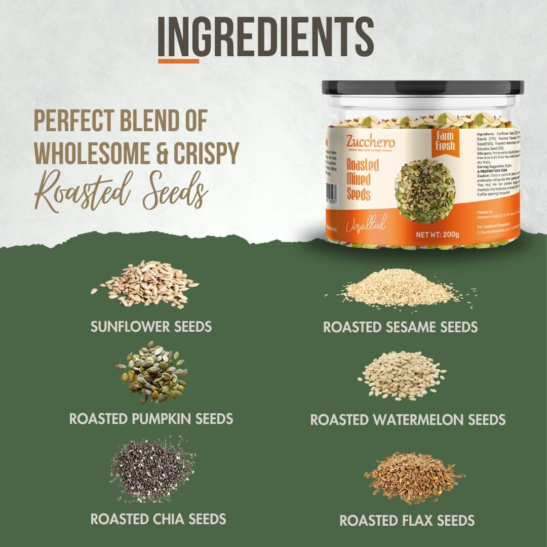 Zucchero Roasted Premium Mixed Seeds, Unsalted, 30g x12(Pocket packs) (6 in 1) (Sunflower, Pumpkin, Chia, Flax, Watermelon, Sesame) - Dry Roasting | Oil-Free| Slow baked Seeds