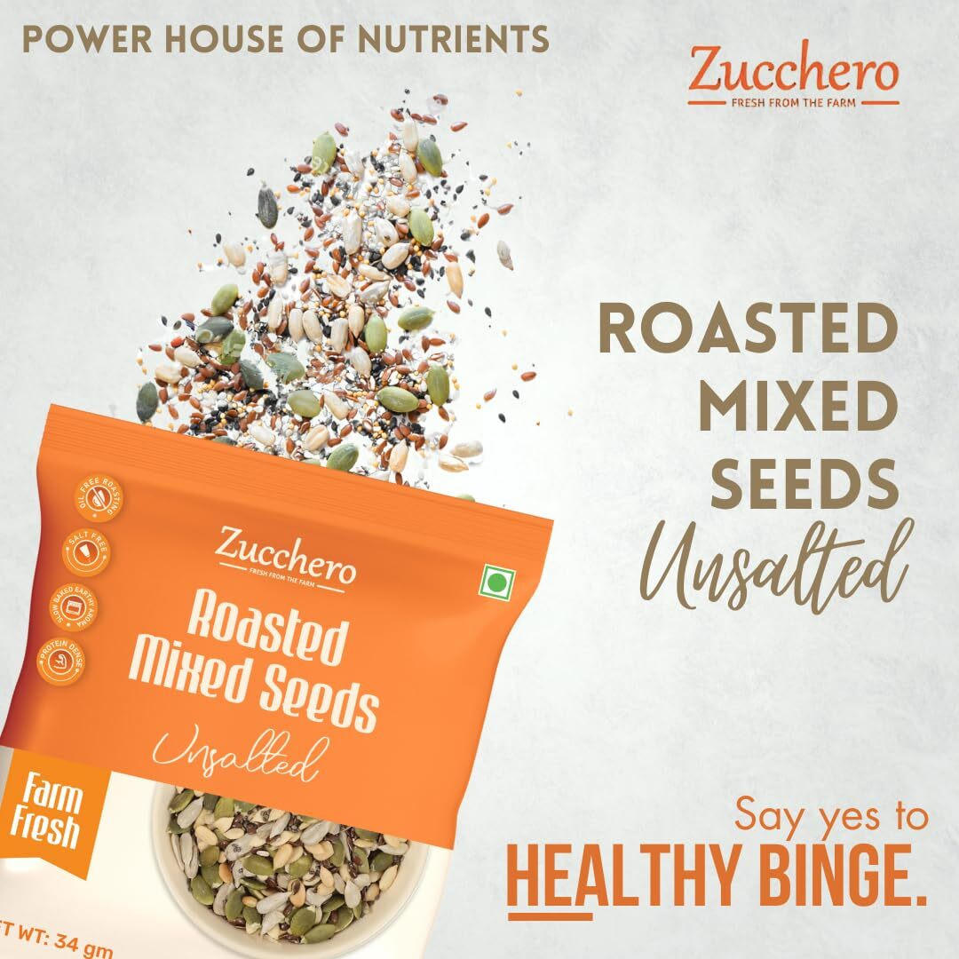 Zucchero Roasted Premium Mixed Seeds, Unsalted, 30g x12(Pocket packs) (6 in 1) (Sunflower, Pumpkin, Chia, Flax, Watermelon, Sesame) - Dry Roasting | Oil-Free| Slow baked Seeds