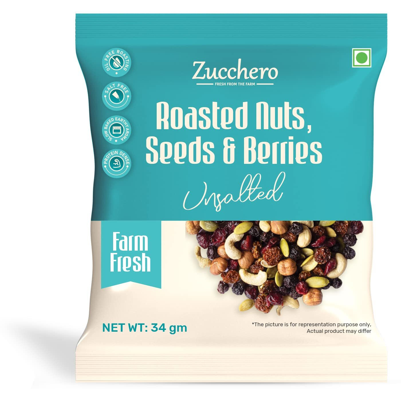 Zucchero Roasted Nuts, Seeds & Berries, Unsalted, 30g x12(Pocket packs) (Mix of 14 Super Nuts, Seeds & Berries) | Oil-Free Roasting | No Salt | Slow baked Nuts & Seeds