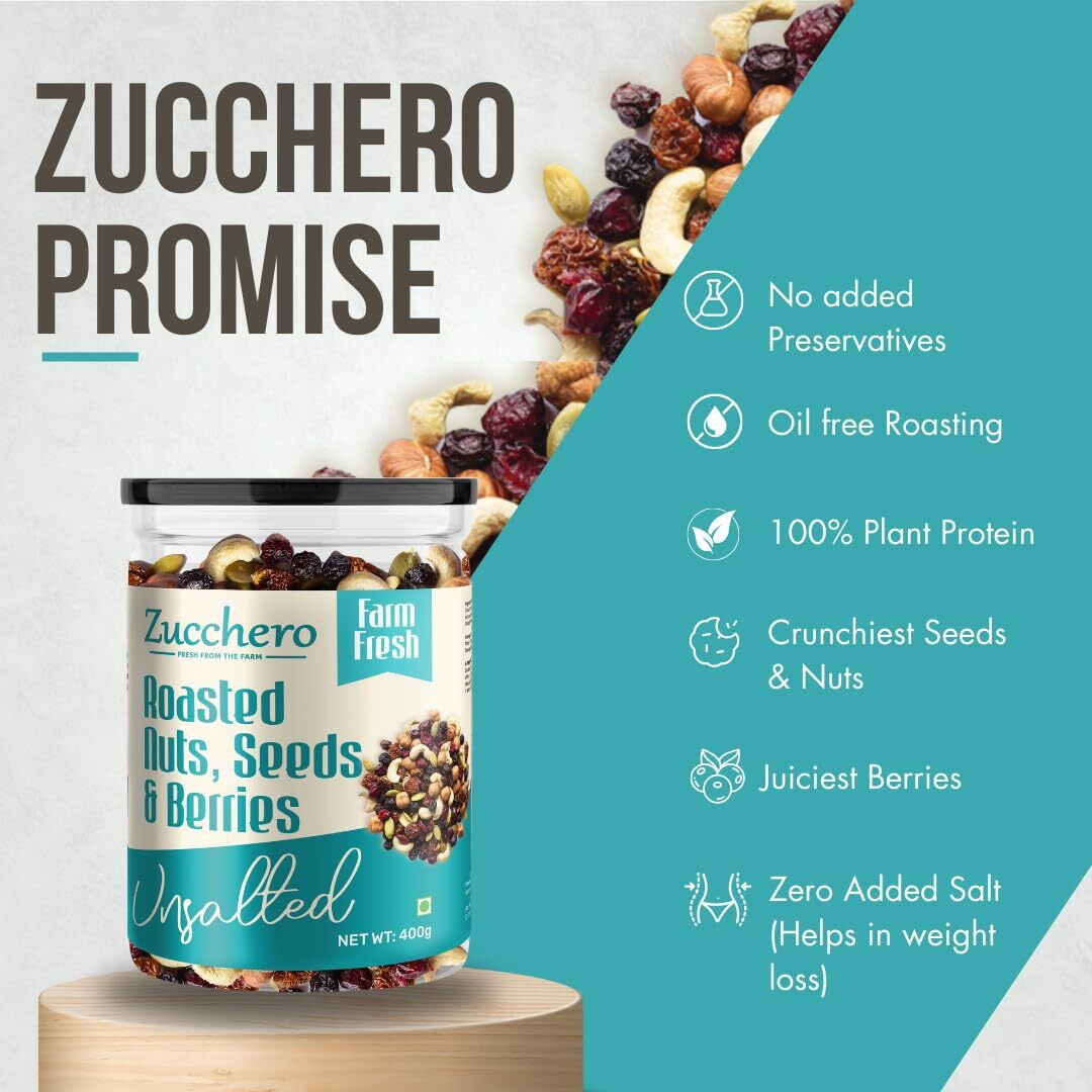 Zucchero Roasted Nuts, Seeds & Berries, Unsalted, 30g x12(Pocket packs) (Mix of 14 Super Nuts, Seeds & Berries) | Oil-Free Roasting | No Salt | Slow baked Nuts & Seeds