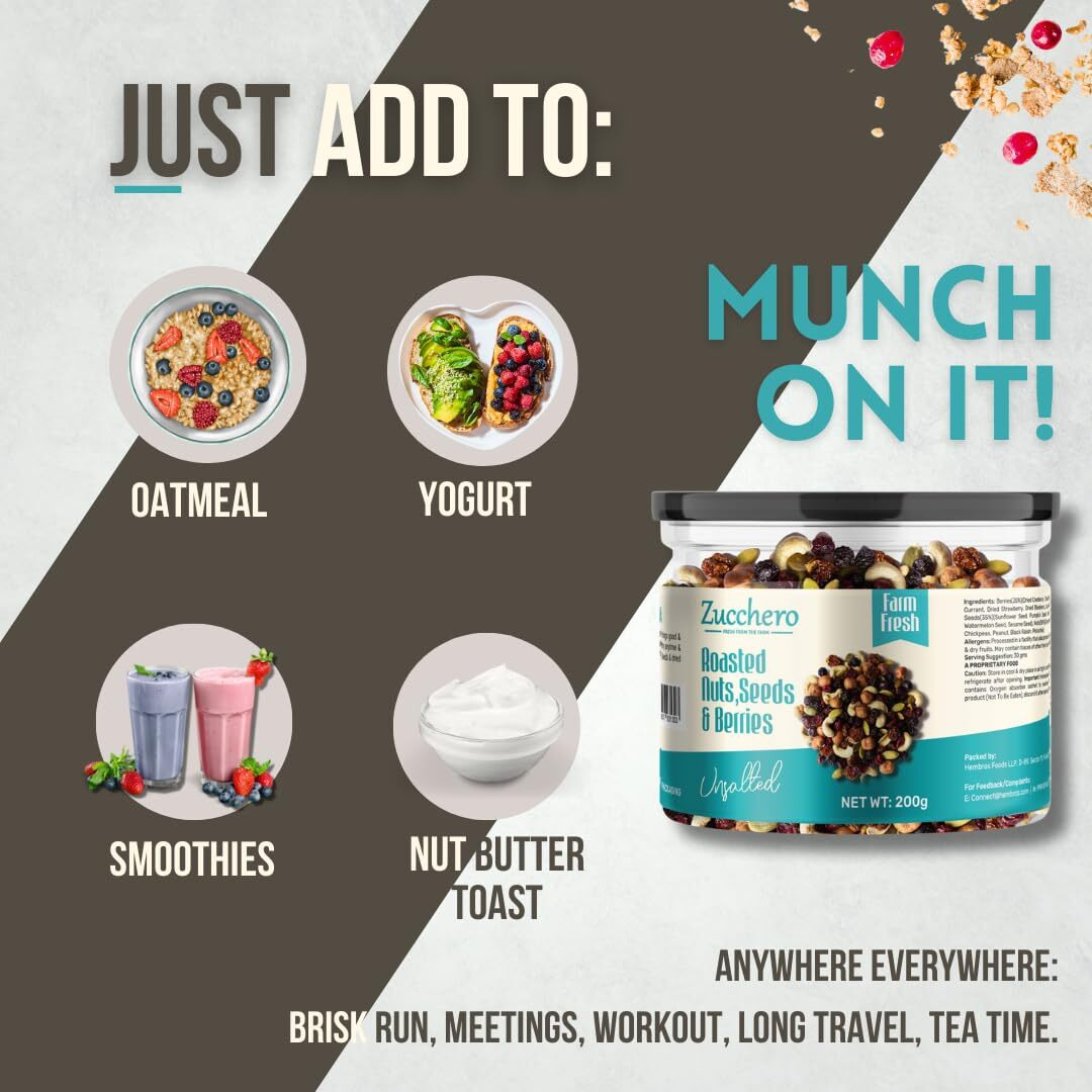 Zucchero Roasted Nuts, Seeds & Berries, Unsalted, 30g x12(Pocket packs) (Mix of 14 Super Nuts, Seeds & Berries) | Oil-Free Roasting | No Salt | Slow baked Nuts & Seeds
