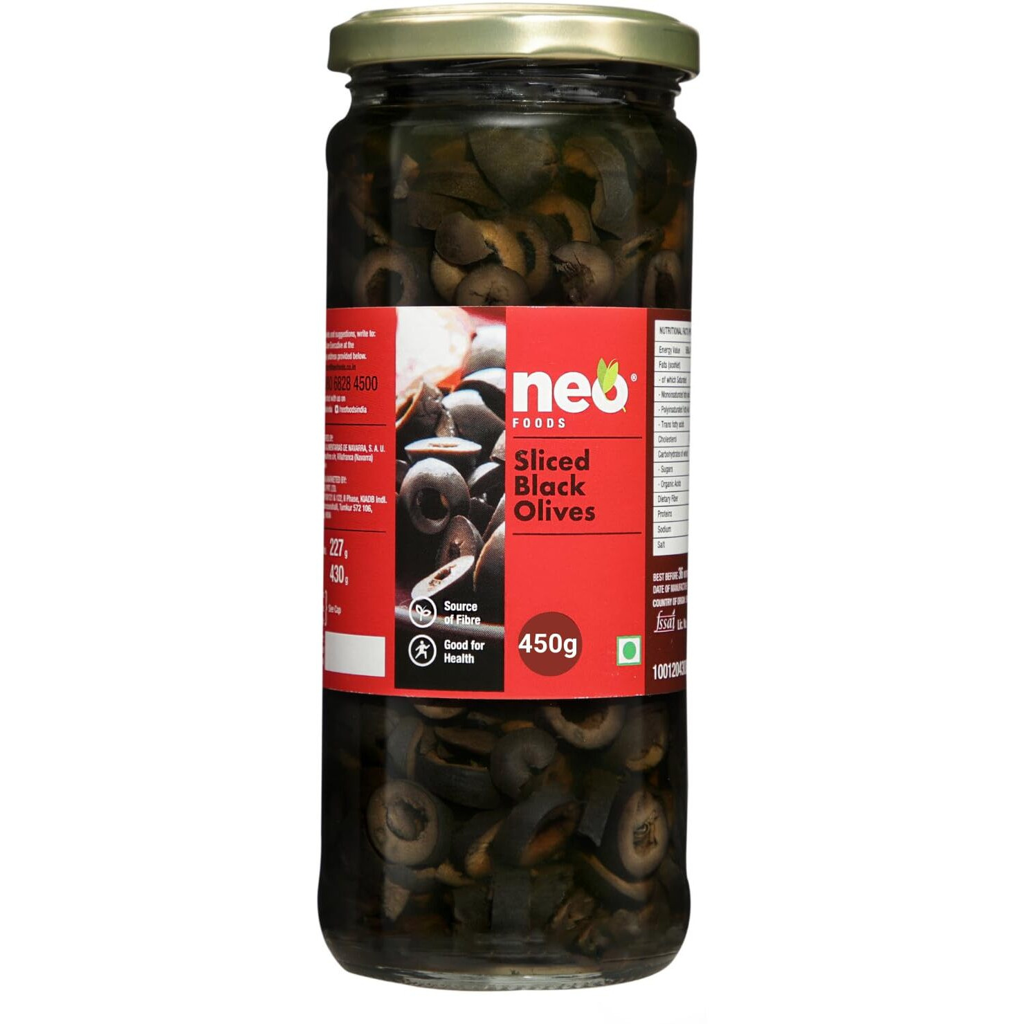 Neo Sliced Black Olives 450g l 1 Jar l Low Fat Ready-to-Eat Healthy Snack, Source of Fibre l Enjoy as Topping for Pizza & Pasta l 450g