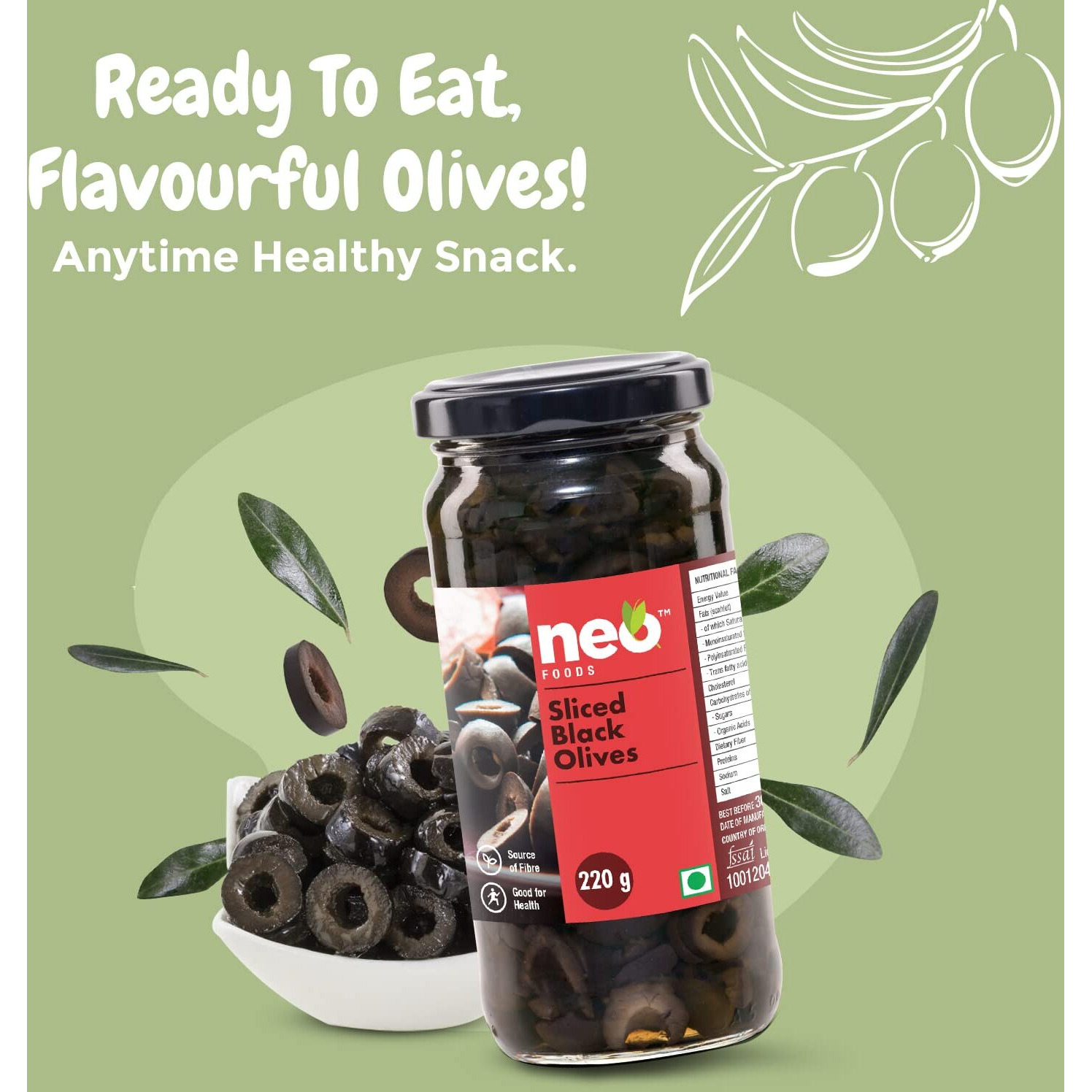 Neo Sliced Black Olives 450g l 1 Jar l Low Fat Ready-to-Eat Healthy Snack, Source of Fibre l Enjoy as Topping for Pizza & Pasta l 450g