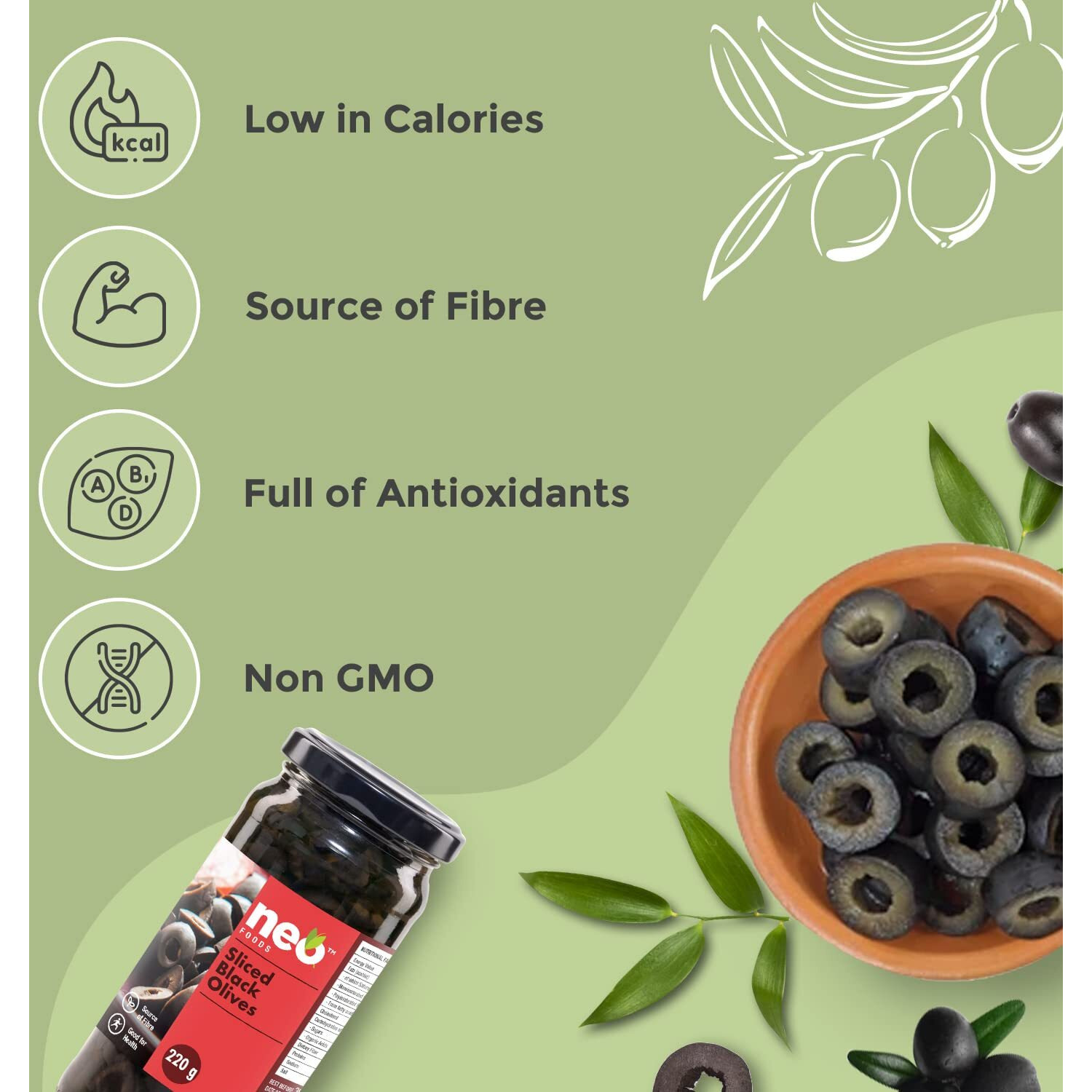 Neo Sliced Black Olives 450g l 1 Jar l Low Fat Ready-to-Eat Healthy Snack, Source of Fibre l Enjoy as Topping for Pizza & Pasta l 450g