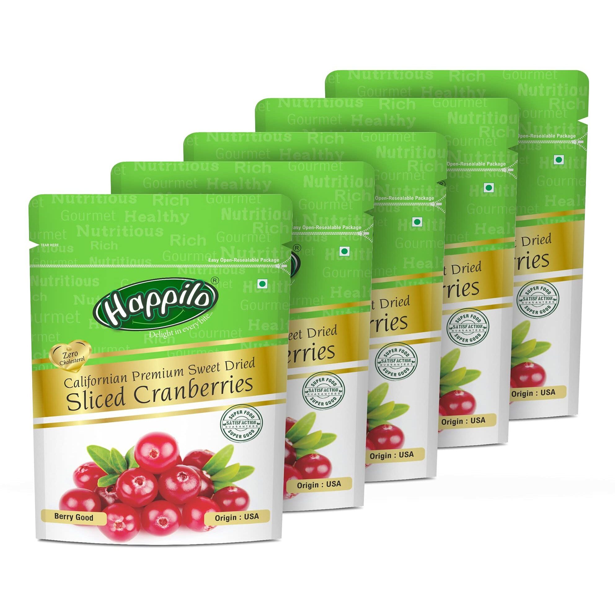 Happilo Premium Californian Sliced Cranberries Dried & Sweet, High Antioxidant, Immunity Booster & Berry Good for Skin Health, Cranberry, 1000 g, Pack of 5