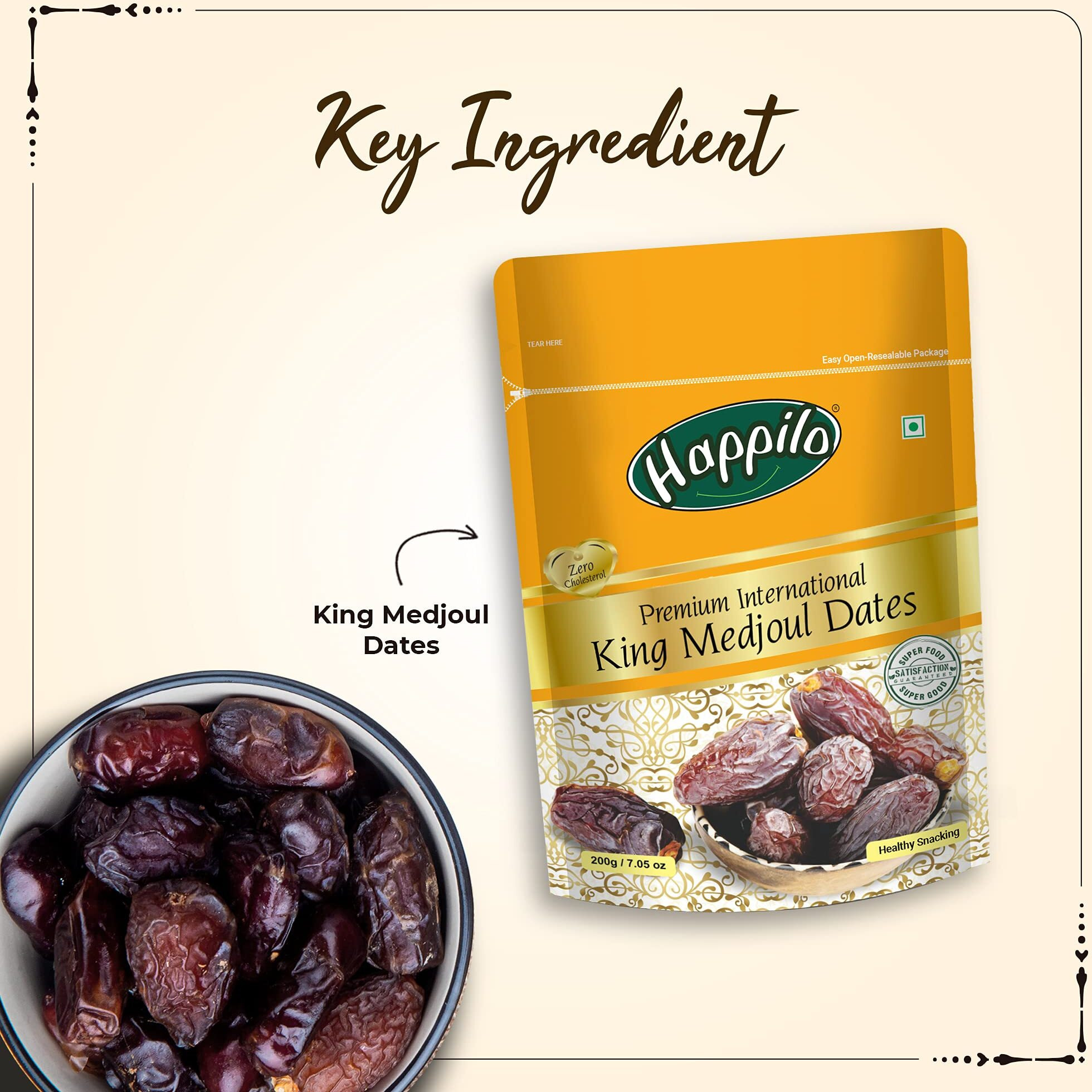 Happilo Premium International King Medjoul Dates 200 g | Khajoor Dry Fruit for Weight Management | Soft Chewy Texture & Sweet Caramel Taste | Gluten free & Zero Transfat